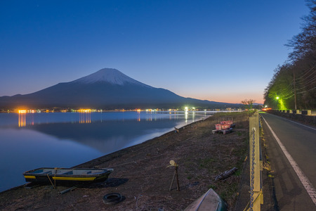 Mount Fuji from lake Yamanaka during sunset in springの写真素材