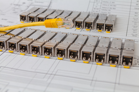 Electric gigabit sfp modules for network switch on the blueprint of  communication equipment and...