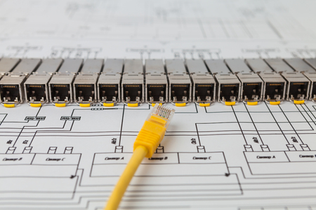 Electric gigabit sfp modules for network switch on the blueprint of  communication equipment and...