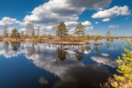 Lake landscape in summer and blue sky with clouds