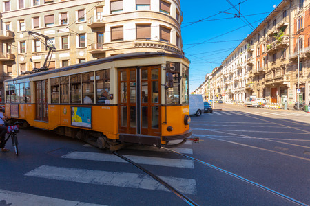 MILAN, ITALY - September 06, 2016: Italian tram is turning on the right on the street Via Luigi Settembriniのeditorial素材