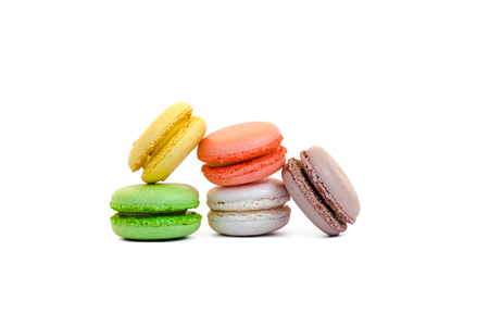 Colorful macaroons pyramid isolated on whiteの写真素材