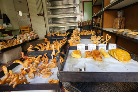 Rethymnon, Island Crete, Greece, - June 23, 2016: Traditional Greece bakery with fresh and tasty muffins, pastry and bread on the street of the old town's part of city Rethymnonのeditorial素材