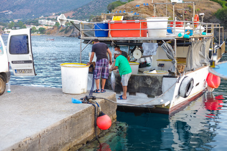 Bali, Island Crete, Greece, - June 30, 2016: Local fishermen are unloading fish catch from fishing boat in the small port located in village Bali on Crete island in Greece.のeditorial素材