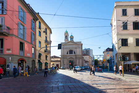 MILAN, ITALY - September 12, 2016: Tourists and local people are crossing street  near Santa Maria della Vittoria .のeditorial素材