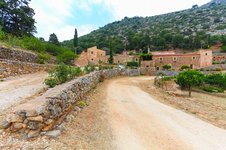 Island Crete, Greece, - June 27, 2016: Greek orthodox Vossakos monastery or Monastery of Timios Stavros on Crete island in Greece.のeditorial素材