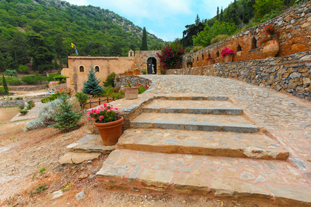 Island Crete, Greece, - June 27, 2016: Greek orthodox Vossakos monastery or Monastery of Timios Stavros on Crete island in Greece.のeditorial素材