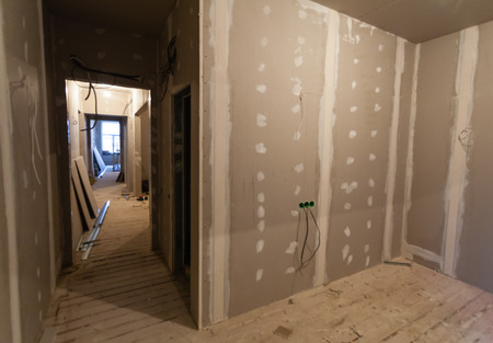 Material for repairs in an apartment is under construction, remodeling, rebuilding and renovation. Making walls from gypsum plasterboard or drywall.