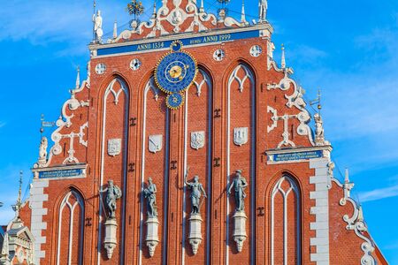 RIGA, LATVIA - MAY 06, 2017: View on the top of The Blackheads Houseis located in the city center of Riga. The Blackheads House is currently a home to the President Administration.のeditorial素材