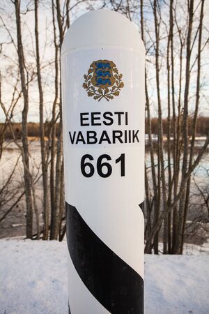 NARVA, ESTONIA FEBRUARY 23, 2017: Estonian border post on the border with Russia on the left bank of...