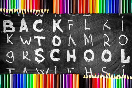 Collage of Back to school background with title Back to school written by white chalk on the black chalkboard with a lot of colorful felt-tip pens and colorful pencilの写真素材