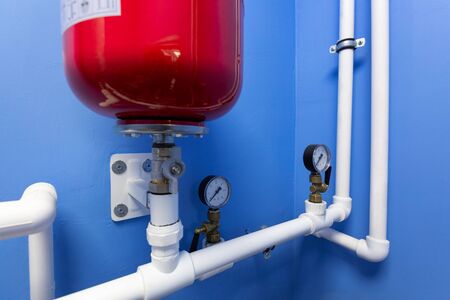 Copper valves, stainless ball valves, detectors of water pressure and plastic pipes of central...