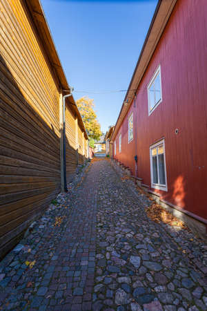 Porvoo, Finland, October 08, 2016: Street and colored houses in old town Porvooのeditorial素材