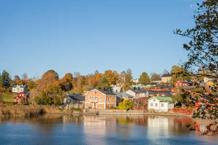 Porvoo, Finland, October 08, 2016: Water canal and colored houses in old town Porvoo