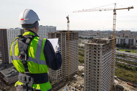 Collage of construction worker in helmet and uniform reads technical documentation and construction...