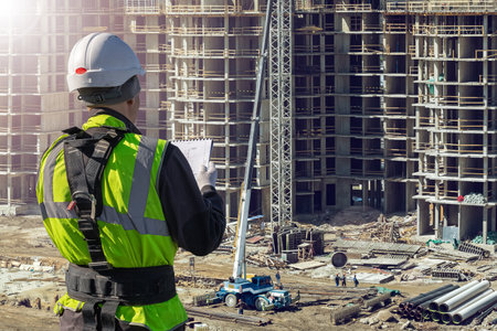 Collage of construction worker in helmet and uniform reads technical documentation and construction site.の写真素材