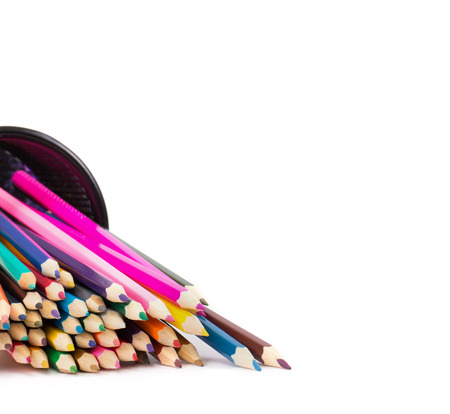 Drawing supplies: assorted color pencils, isolated on white backgroundの写真素材