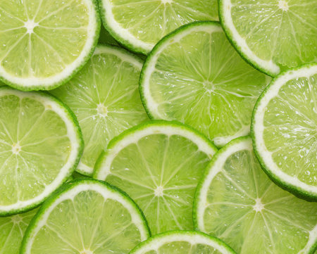 Green background with citrus-fruit of lime slicesの写真素材