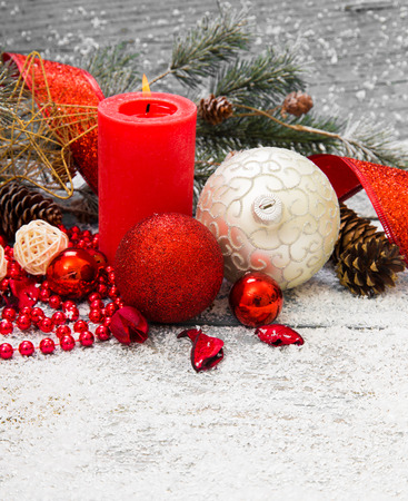 Christmas decoration with presents on wood boardの写真素材