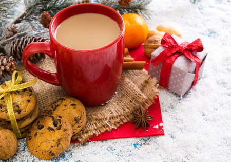 Christmas holiday background with coffee cupの写真素材