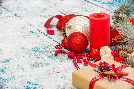 Christmas decoration on wood backgroundの写真素材