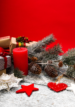 Christmas Decoration Over Wooden Backgroundの写真素材