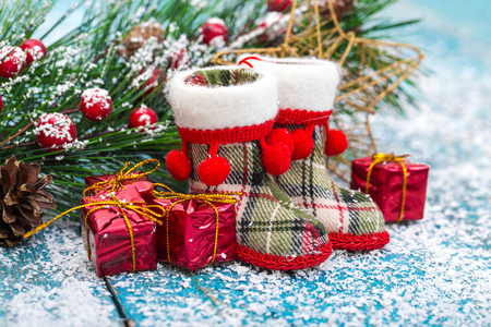 Winter decoration. Composition on wood background.の写真素材