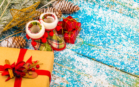 Christmas decoration on wood backgroundの写真素材