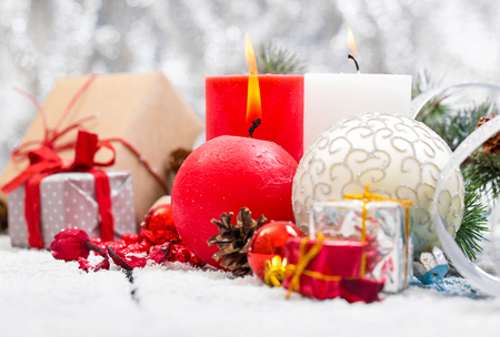 Christmas Decoration Over Wooden Backgroundの写真素材