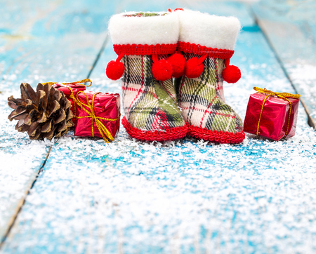 Winter decoration. Composition on wood background.の写真素材