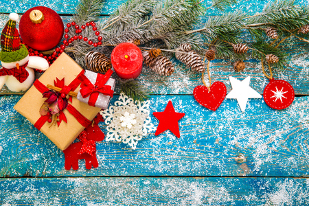 Winter decoration. Composition on wood background.の写真素材