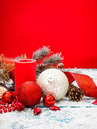 Christmas decoration on wood backgroundの写真素材