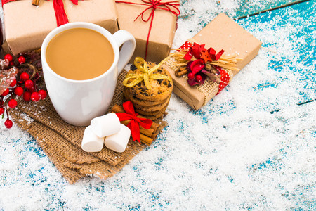 Christmas holiday background with coffee cupの写真素材