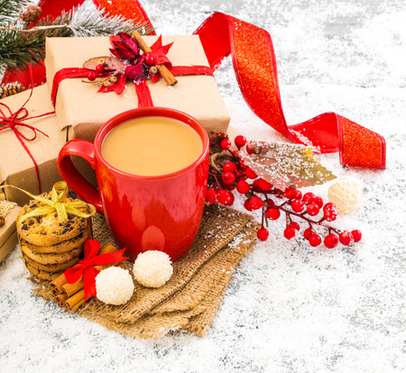Winter decoration. Composition on wood background.の写真素材