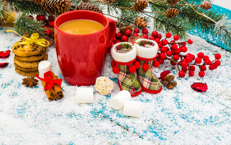 Christmas holiday background with coffee cupの写真素材