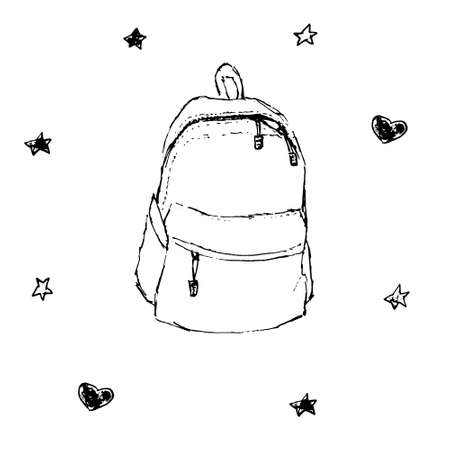 Backpack hand drawn vector illustration. Isolated black on white background sketch doodle style rucksack schoolbag. Back to school.のイラスト素材