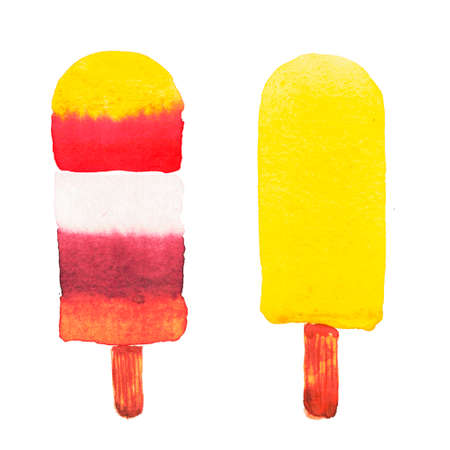 Icecream watercolor set on white background Fruit icecream with berries juice chocolate. Red, brown, yellow, pink, violet, orange. High resolution hand drawn illustration. Food design, summer, printの写真素材