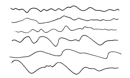 Graphite hand drawn liner pencil vector wavy lines illustration. Doodle style set of waves strokes, brushes monochrome pen marker scribble vintages ornament decoration. Isolated on white backgroundのイラスト素材