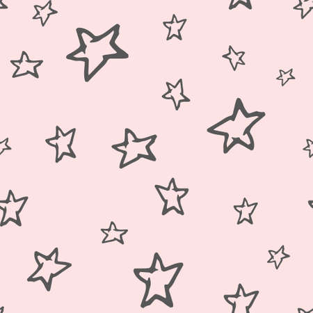 Star vector hand drawn seamless pattern. Simple starry pale pink sky background print for fabric, textile, wrapping paper. Infant baby style galaxy design. Brochure, poster, party, night print, cardのイラスト素材