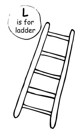 Long wooden metal step ladder. Hand drawn cartoon sketch style vector illustration, black, brown isolated on white background. Concept for kids children learning material, alphabet, wrapping printのイラスト素材