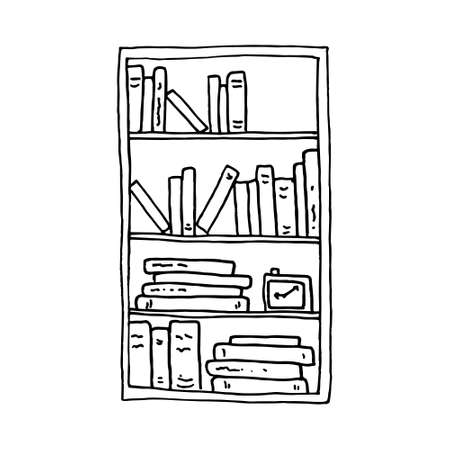 Bookshelf with various books doodle style vector isolated illustration. Hand drawn bookcase library interior element black and white sketch. Coloring pagesのイラスト素材