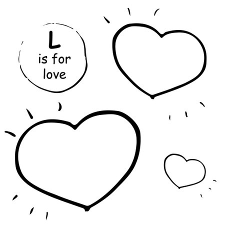 Red outlined vector hearts on white background. Concept for kids children learning material, alphabet, wrapping print. Doodle sketch for the Valentine day, wedding and romantic love drawingsのイラスト素材