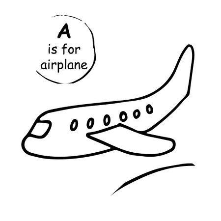 airplane hand drawn vector llustration. Sketch. Doodle. Concept for kids children print, clothes, learning material, alphabet, wrapping paper. Design for poster, kitchen textiles, clothingのイラスト素材