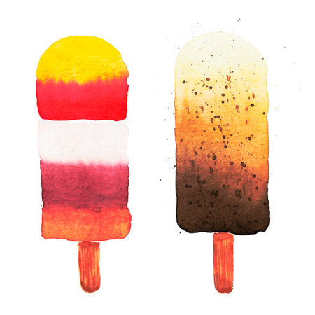 Icecream watercolor set on white background Fruit icecream with quiwi, berries. Red, green, yellow, pink, violet, orange. High resolution hand drawn illustration. Food design, summer, printの写真素材