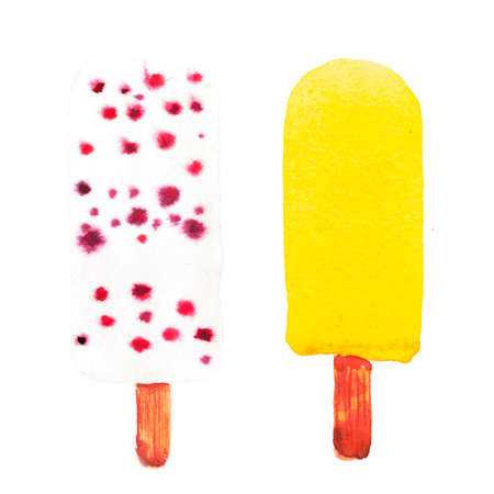 Icecream watercolor set on white background Fruit icecream with quiwi, berries. Red, green, yellow, pink, violet, orange. High resolution hand drawn illustration. Food design, summer, printの写真素材