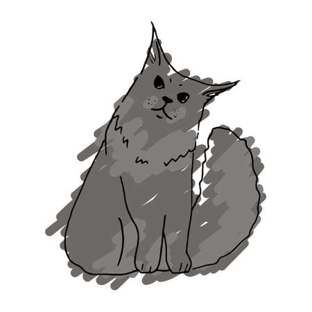 Black and white cat hand drawn vector llustration doodle sketch. Feline character outline design. Concept for kids children print, poster design, wrapping paper, patternのイラスト素材