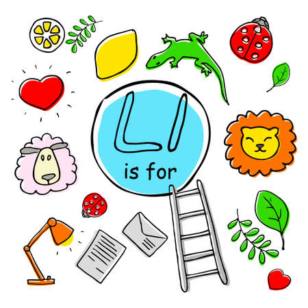 English alphabet with different isolated pictures. Poster with the ABC basics for children youngest kids. Vector illustrations set. Lion ladder letter lamp ladybug lamb lizard leaf love coloring pagesのイラスト素材