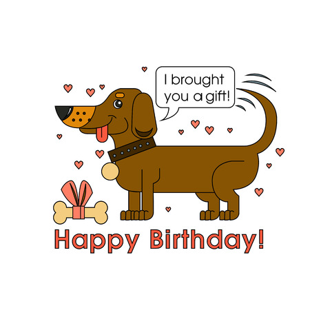 Happy Birthday card for dog lover. Happy dog of the breed of dachshund congratulates on his birthdayのイラスト素材
