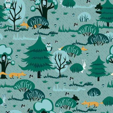A cheerful pattern for children depicting a pine forest with red chanterelles and cute bunnies. seamless vector fabric design.のイラスト素材