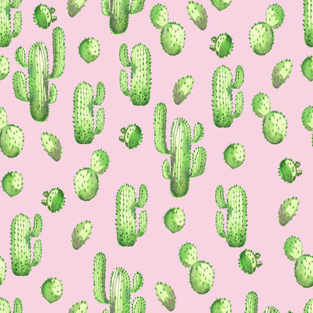 A seamless watercolor pattern with green cactus on a pink backgroundの写真素材